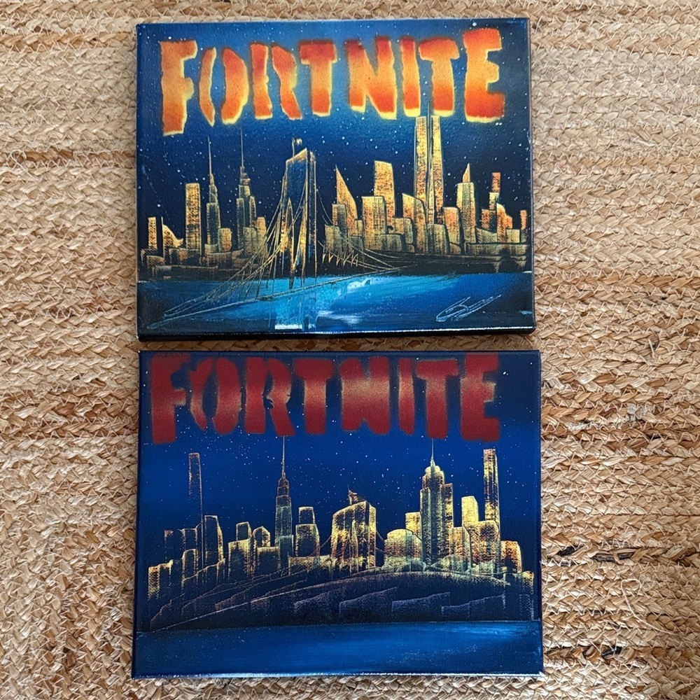 2 Fortnite New York Cityscape Canvas Paintings Both 10x8